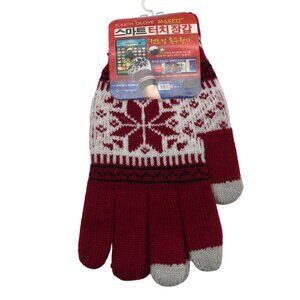 Hansun Smart Touch Winter Gloves Unisex One Size Red Fair Isle Korean Knit